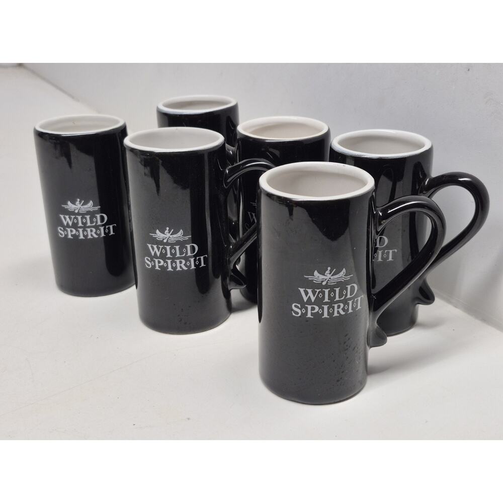 Set of 6 Ceramic Wild Spirit Canadian Liquor shot mugs cups black canoe